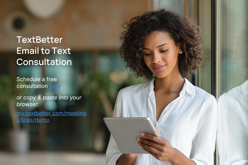 Business professional scheduling an email-to-text consultation for business texting workflows